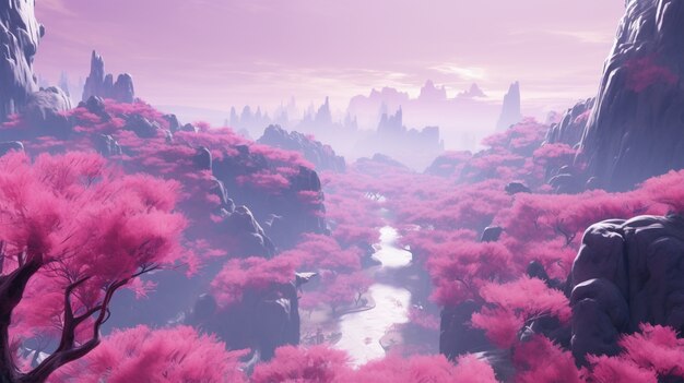 Paisagem mística magenta com natureza