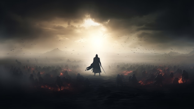 Paisagem mítica inspirada em videogame com cena apocalíptica