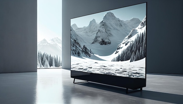 Paisagem montanhosa com design moderno com cena de picos nevados em ia generativa de tv