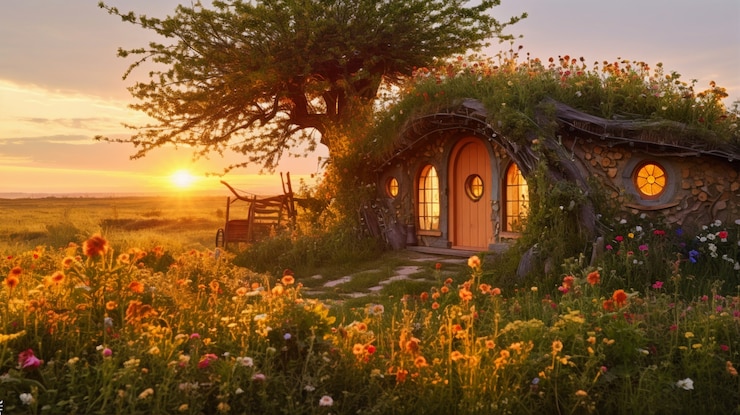 Foto grátis paisagem natural com vegetação e casa estilo cabana