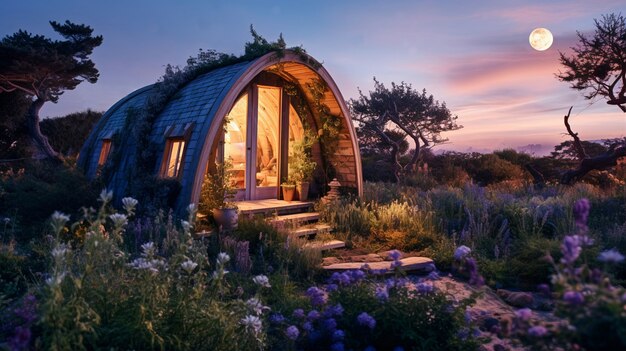 Paisagem natural com vegetação e casa estilo cabana