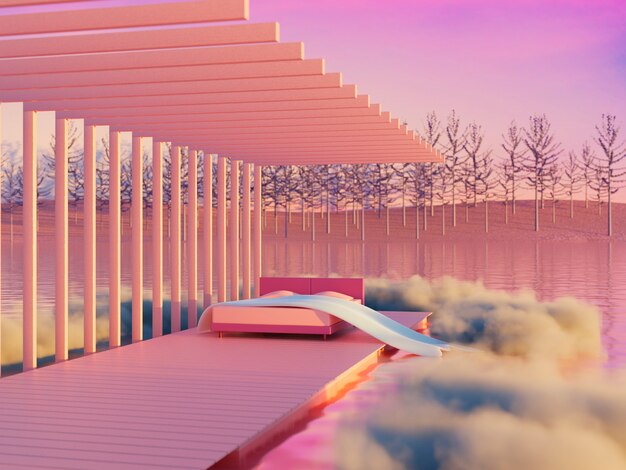Paisagem onírica e surrealista em tons arroxeados