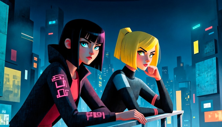 Foto grátis paisagem urbana cyberpunk com duas garotas de anime à noite