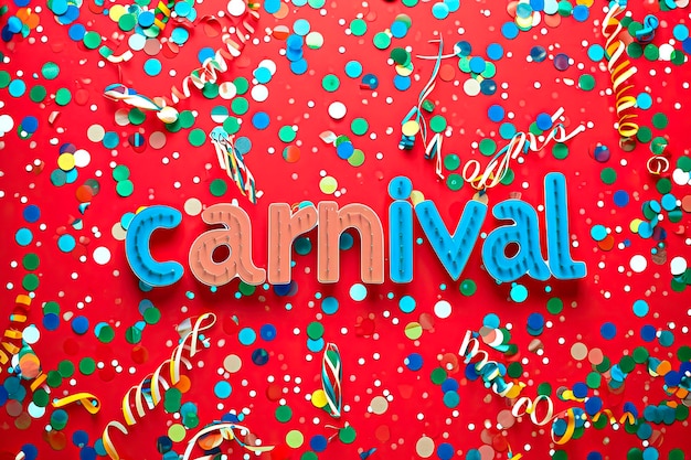 Foto grátis palavra quotcarnivalquot em fundo vermelho e confeti colorido cercado