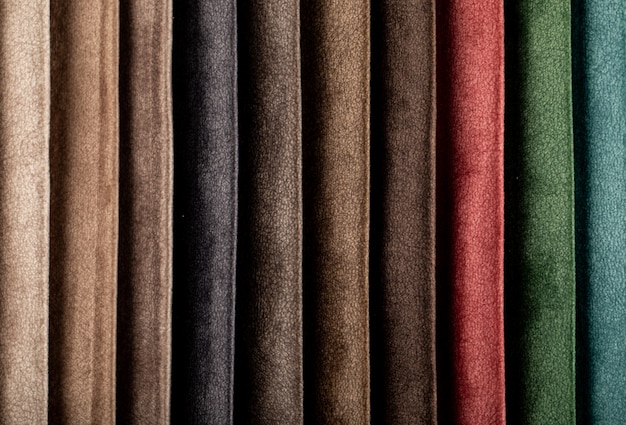 Paleta de cores marrom e azul, costurando tecidos de couro no catálogo
