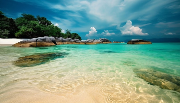 Foto grátis palmeiras tropicais balançam em águas azul-turquesa geradas por ia