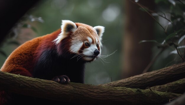 Foto grátis panda vermelho sentado em galho de bambu olhando gerado por ia