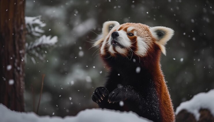 Foto grátis panda vermelho sentado em um galho molhado gerado por ia