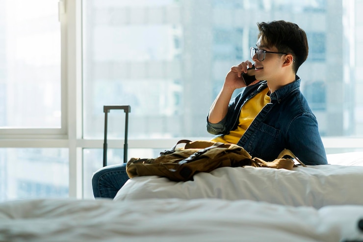 Foto grátis pano casual masculino jovem viajante asiático adulto com mão de jaqueta jeans usar conversa de smartphone na cama macia branca com mala de bagagem no conceito de viagem de fim de semana de férias