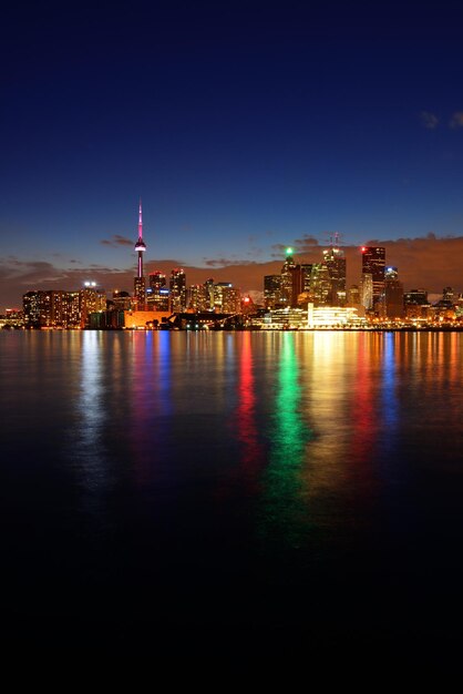 Panorama da paisagem urbana de Toronto ao entardecer sobre o lago com luz colorida.