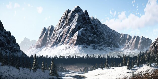 Panorama de uma paisagem montanhosa colorida com as montanhas cobertas de neve generativas ai