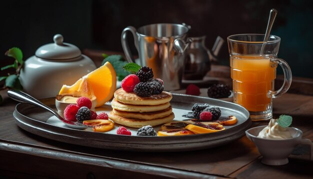 Panquecas de frutas frescas na mesa de madeira rústica geradas por IA