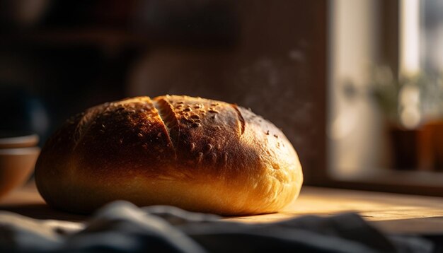 Pão acabado de cozer na mesa de madeira rústica gerada por IA