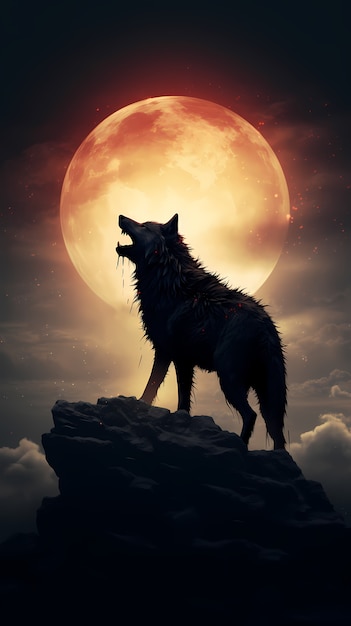 Papel de parede de lua e lobo com arte digital