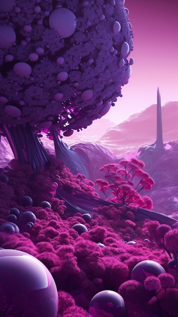 Papel de parede de paisagem onírica e surrealista em tons de roxo