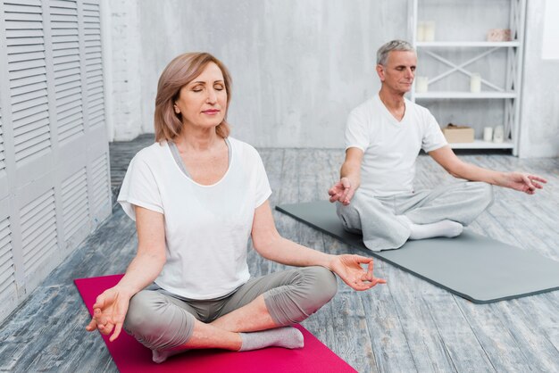 Par velho, executar, meditação, ligado, esteira exercício, casa