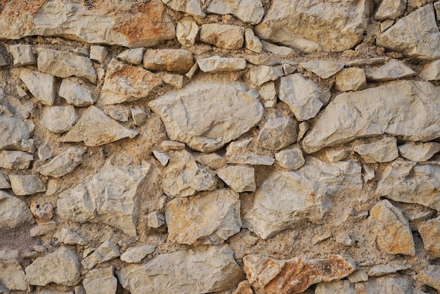 Parede de pedra áspera que estabelece a fundação de uma casa antiga ou fundação de uma ideia de estrutura para um fundo ou papel de parede