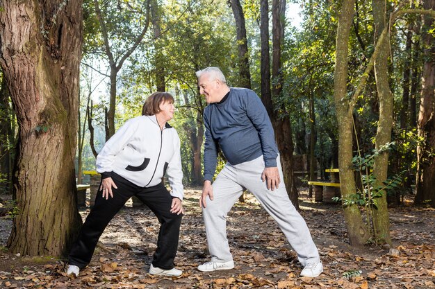 Pares sênior que fazem exercícios de aquecimento em conjunto