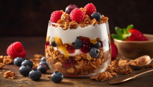 Parfait de frutas frescas com granola e iogurte gerado por IA