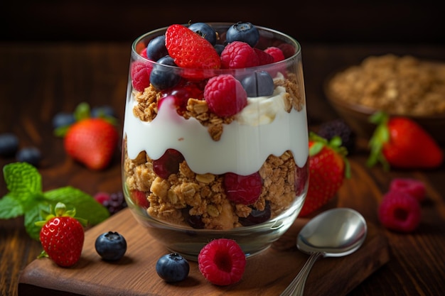 Foto grátis parfait de iogurte com frutas frescas em uma mesa de madeira rústica