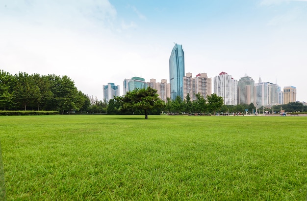 Parque com árvores e edifícios no fundo