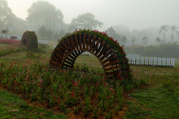 Parque com uma planta em forma de arco e flores coloridas em Phu Yen, Vietnã