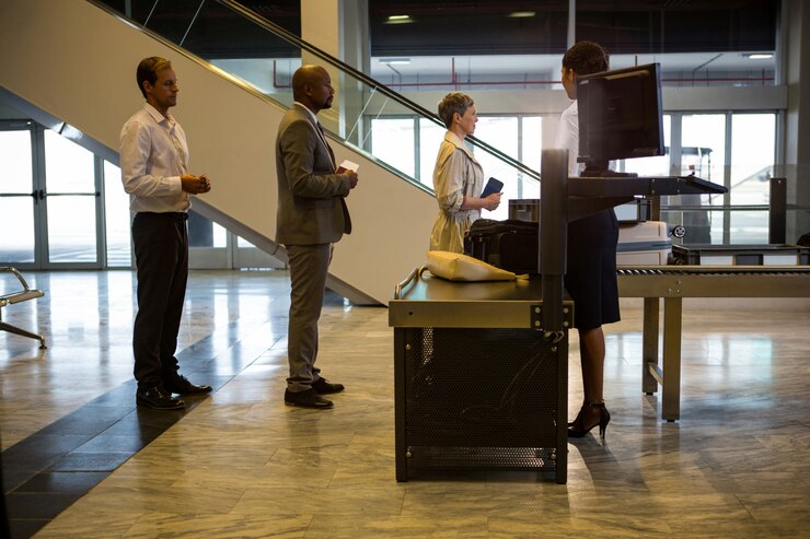 Foto grátis passageiros esperando na fila de um balcão de check-in com bagagem