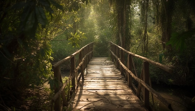 Foto grátis passarela tranquila atravessa exuberante floresta de mangue tropical gerada por ia