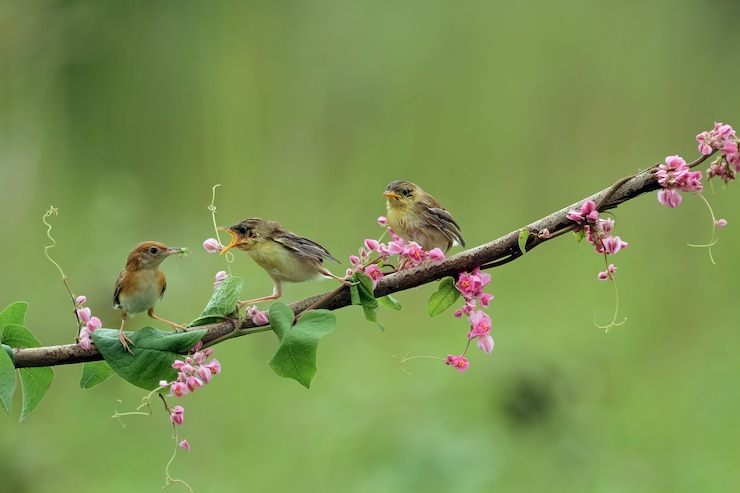 Foto grátis pássaro bebê zitting cisticola esperando comida de sua mãe