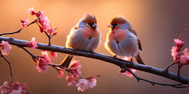 Pássaros afetuosos sentados juntos em um ramo