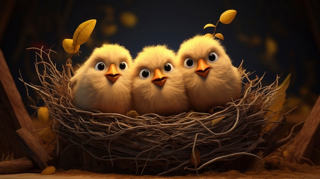 Pássaros de desenho em ninho