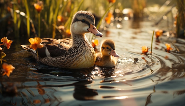 Foto grátis pato jovem na natureza refletindo beleza na água cercado por grama verde gerada por inteligência artificial