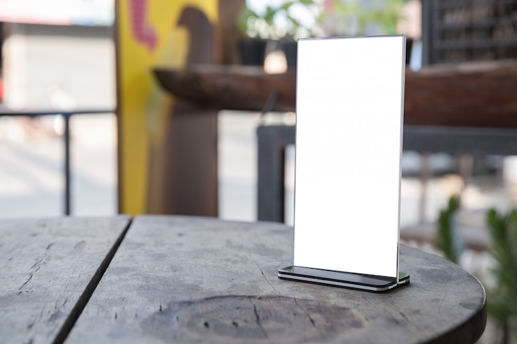 Foto grátis pé de quadro de menu na mesa de madeira