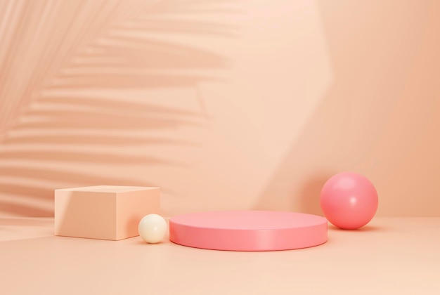 Pedestal vazio de produto de verão de pódio bege e rosa ou suporte de produto para mostrar plataforma cosmética ou de moda com sombra de folha no fundo bege renderização em 3d