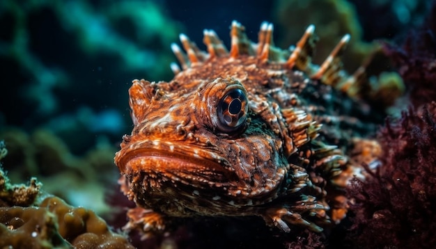 Peixe-escorpião multicolorido em recifes de corais subaquáticos gerados por IA