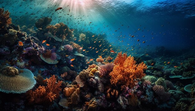 Peixes coloridos nadam em recifes submarinos idílicos gerados por IA