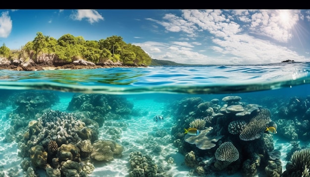 Peixes multicoloridos nadam em recifes de águas transparentes gerados por IA