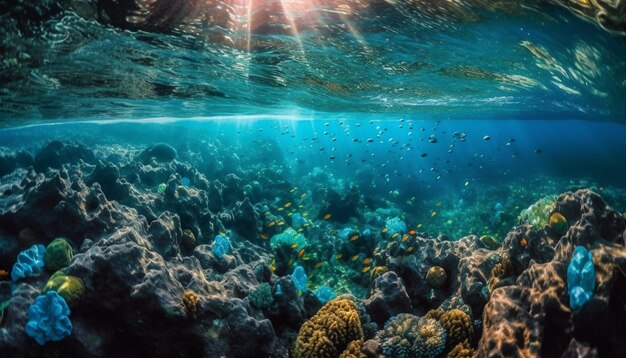 Peixes multicoloridos nadam em recifes tropicais paradisíacos gerados por IA