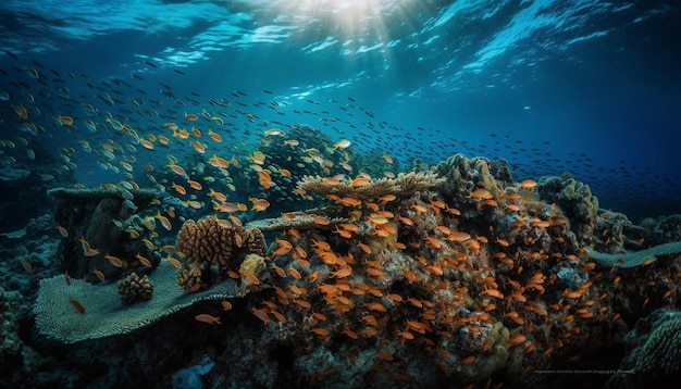 Peixes multicoloridos nadam no paraíso dos recifes de coral gerado pela ia