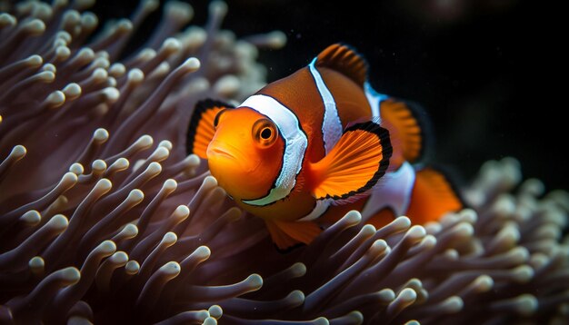 Peixes-palhaço a nadar num recife vibrante mostrando a beleza natural gerada pela inteligência artificial