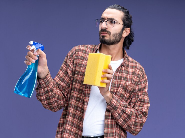 Foto grátis pensando em um cara de limpeza bonito jovem vestindo camiseta segurando um frasco de spray com esponja isolado na parede azul