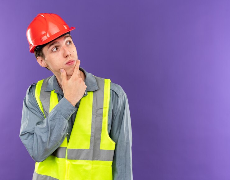 Foto grátis pensando olhando para o lado, o jovem construtor de uniforme agarrou o queixo