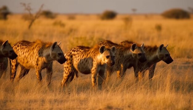 Pequeno grupo de animais de safári andando na savana gerado por IA