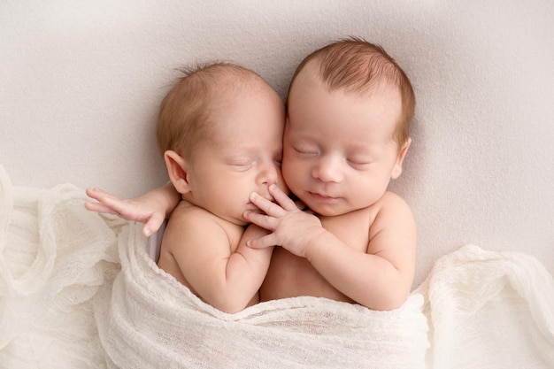 Pequenos gêmeos recém-nascidos meninos em casulos brancos em um fundo branco um gêmeo recém-nascido dorme ao lado de seu irmão recém-nascido dois gêmeos meninos se abraçando fotografia profissional de estúdio Foto Premium