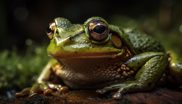 Perereca verde sentada em folha molhada gerada por IA