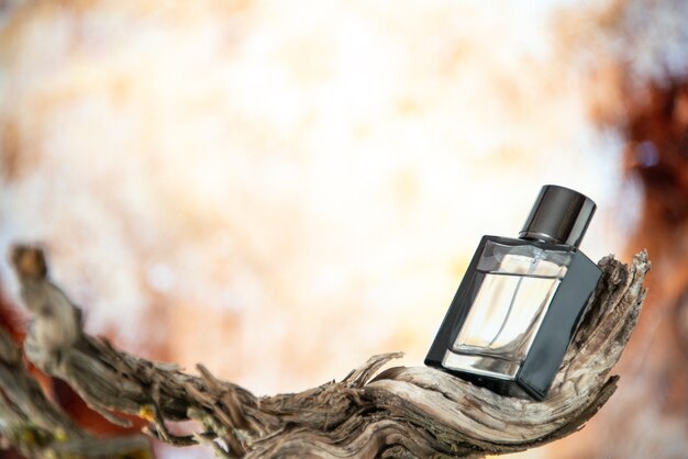 Perfume masculino de vista frontal em galho de árvore seca isolado em espaço livre de fundo nu