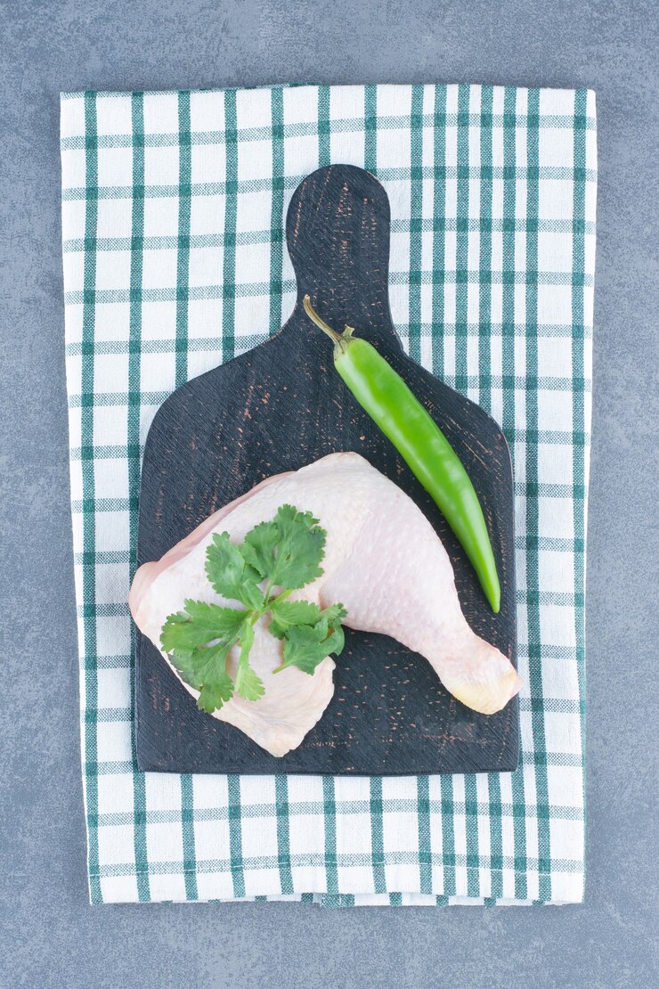 Foto grátis pernas de frango cru e pimenta no quadro negro.