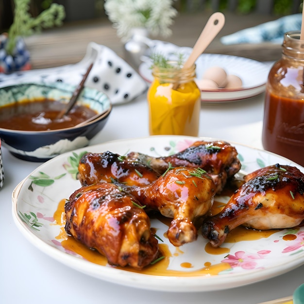 Foto grátis pernas de frango grelhadas com mel e especiarias em um prato branco