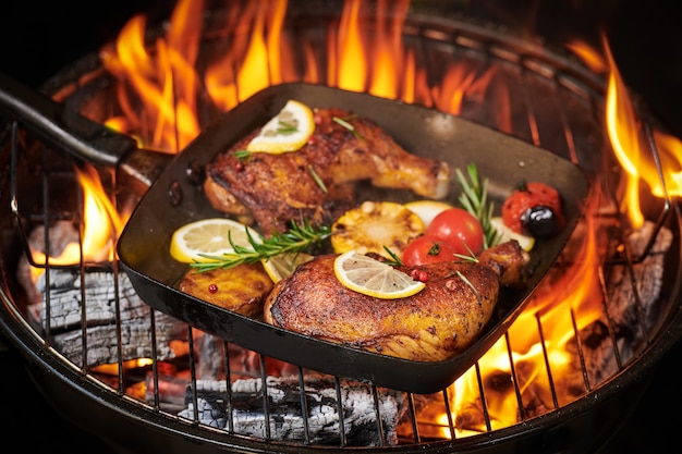 Pernas de frango grelhado na grelha em chamas com legumes grelhados com tomate, batata, sementes de pimenta, sal.