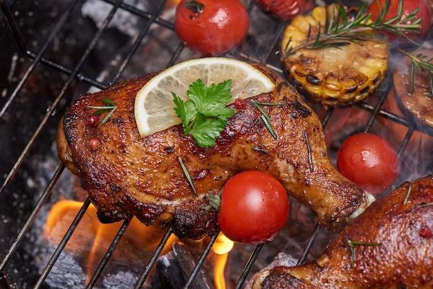 Pernas de frango grelhado na grelha em chamas com legumes grelhados com tomate, batata, sementes de pimenta, sal.